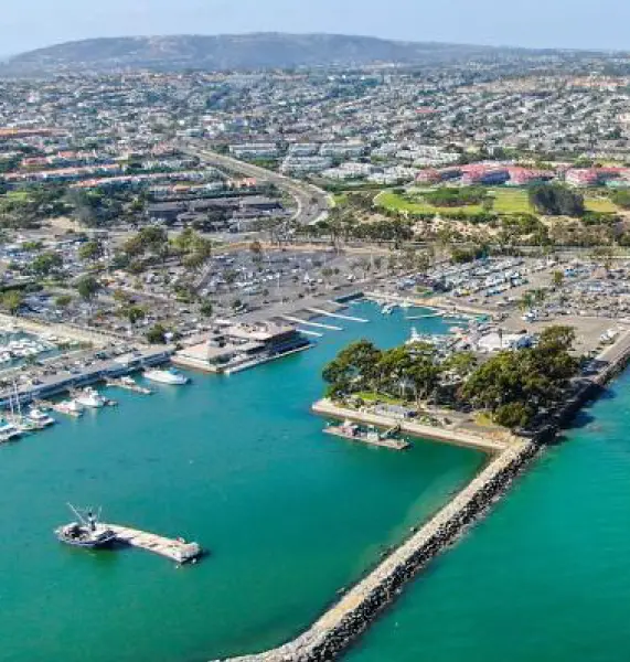 Aerial view of Dana Point Harbor, showcasing the valuable coastal assets protected by our elite divorce lawyers representing high-net-worth executives.
