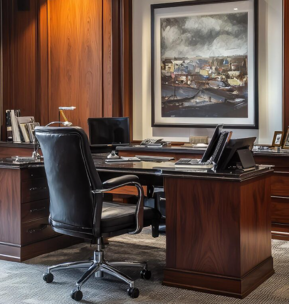 A luxurious executive office featuring a framed painting, symbolizing the highly discreet representation and valuation of fine art collections provided by our elite family law attorney in Laguna Beach.