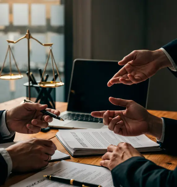 Professional executive divorce attorneys in Orange County discussing complex financial portfolios and corporate asset division at a legal conference table.