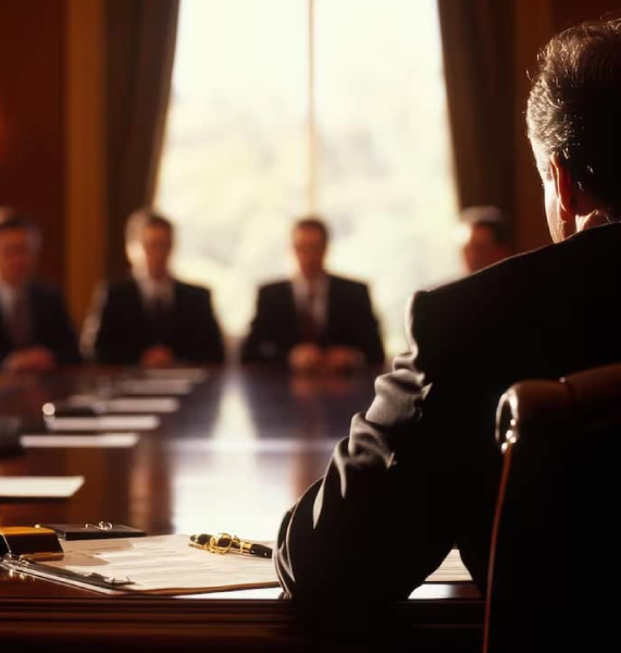 An executive sitting in a boardroom meeting, representing high-net-worth professionals seeking a top-rated divorce attorney in Newport Beach.