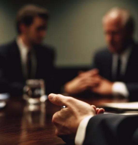 Close-up of a property division lawyer's hands on a conference table during a high-stakes divorce asset negotiation meeting in Orange County.