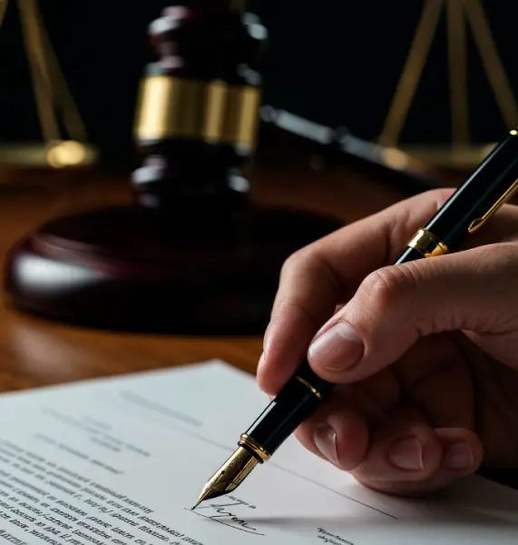 Attorney signing legal documents for a post-judgment modification of court orders in Orange County, with a judge's gavel in the background.