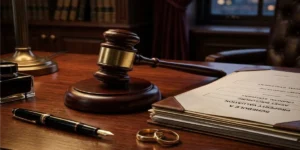 A judge's gavel, financial documents, and wedding rings representing the division of complex assets in a high stakes divorce.